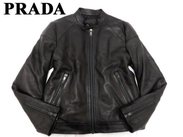 美品★15年製 プラダ シングルレザーライダースジャケット 黒 46