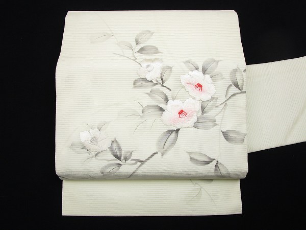 ★夏 九寸名古屋帯　手描き　刺繍　椿　作家物　未使用 a2852