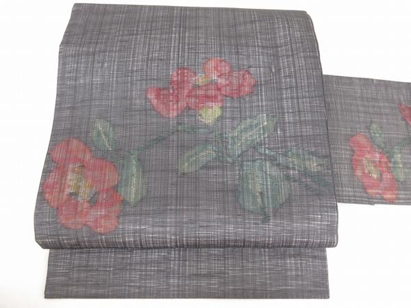 ドークブア■夏　九寸名古屋帯　すくい織　濃紺地に花　逸品