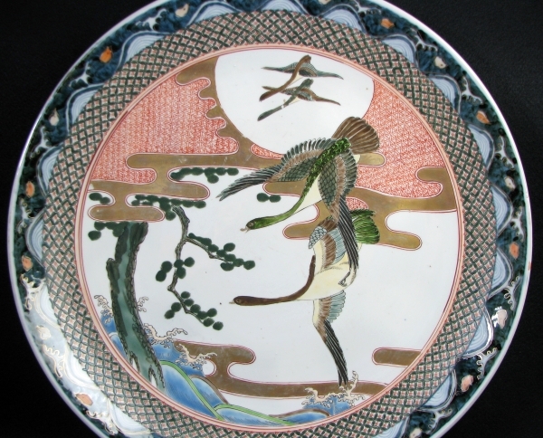 古伊万里 色絵大皿 鶴松七宝文 明治期&frasl;C72