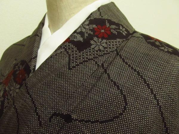 ★着物10★ 1円 絹 大島紬 冊子に草花 袷 着物 ☆☆