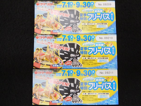 東京サマーランド　夏季特別フリーパス　おとな3枚