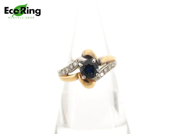 1円 K18YG×Pt900×サファイア×ダイヤ デザイン リング HG824