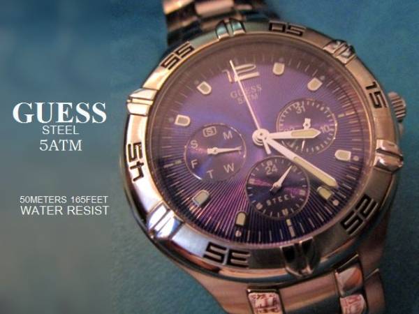 ゲスGUESS STEEL 5ATMクォーツ メンズ腕時計未使用クロノ