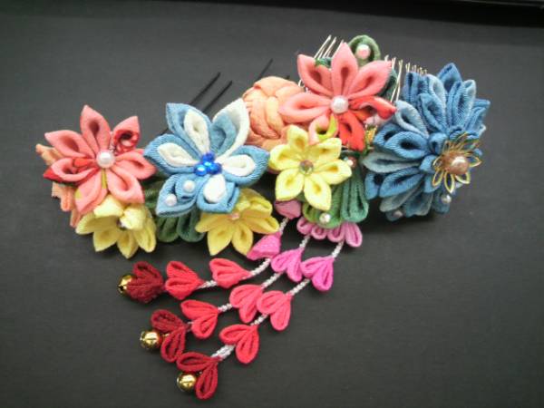 七五三髪飾りセット つまみ細工 7歳 パステルカラー はねず色×桜色