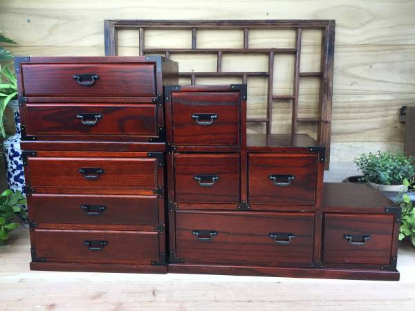 送料無料☆民芸家具☆デスク収納箪笥☆豪華3点セット☆収納桐材