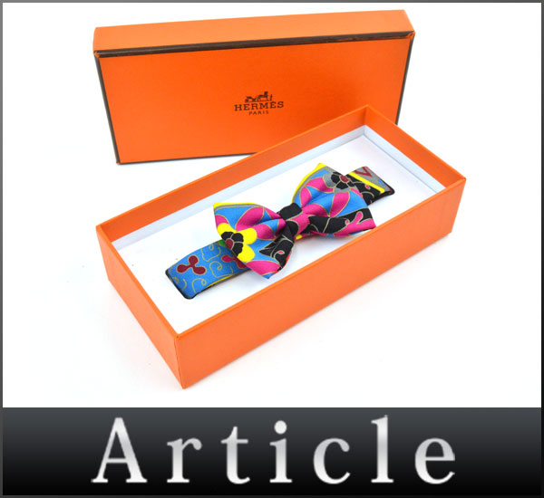 32954美品エルメス ミニ ボウタイ蝶ネクタイ箱リボン花柄シルク