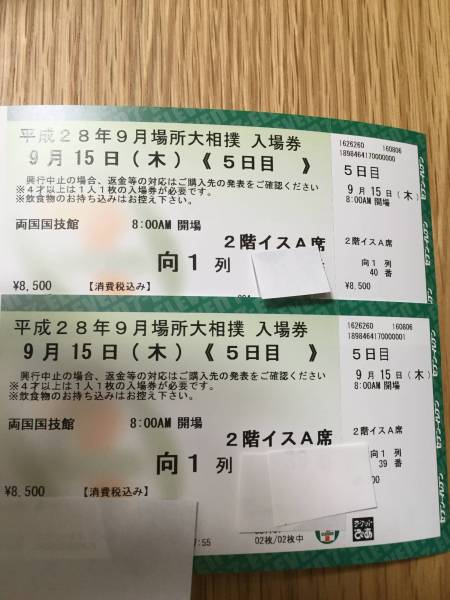 大相撲 東京場所 9月15日 イスA席向１列目ペア