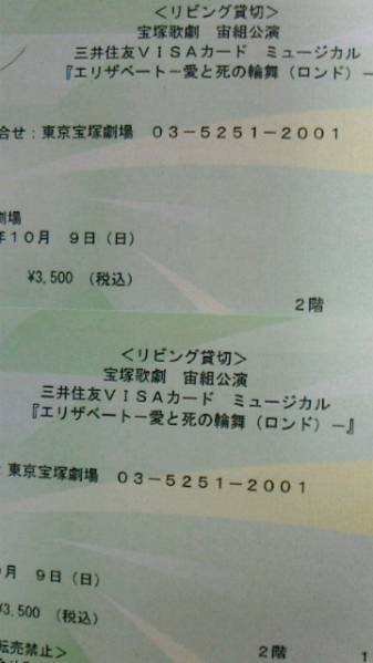 宝塚　宙組　「エリザベート」　１０/９（日）貸切　B席　