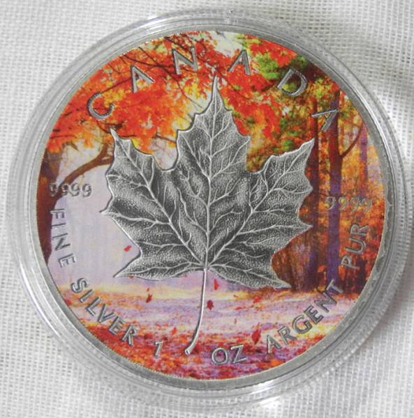 カナダ 5ドル銀貨 1oz 2015 メイプルリーフ 紅葉 アンティーク加 貨幣
