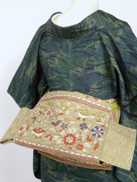 豆菊*唐花を愛でてトコトコ歩く＊愛らしい鳥*なごや帯♪333