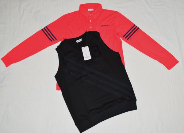 アディダス★2点組新品ベスト&美品長袖ストレッチシャツ赤系黒M