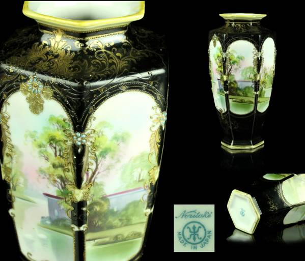 櫻】オールドノリタケ 金彩手描彩風景図六角花瓶 花器 .ss 櫻オールド