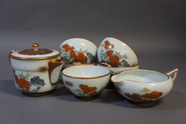 ●九谷 色絵花文煎茶器揃 箱付●煎茶道具/急須/赤絵/湯呑 7D24