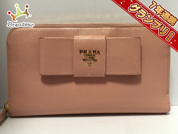 プラダ 長財布 - ピンク ラウンドファスナー/リボン レザー