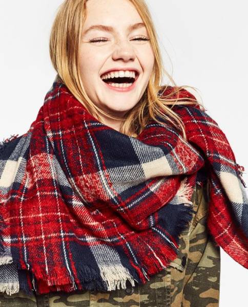 新品タグ付★ZARA チェックラップスカーフ 赤 大判ストール ザラ