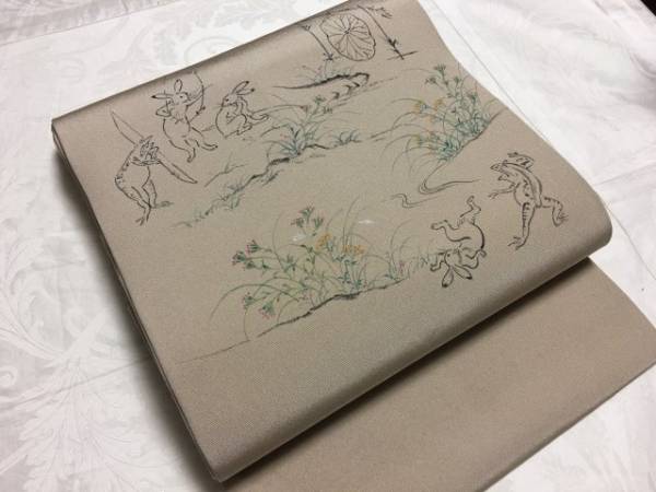★☆*縞*　未着用　手描き鳥獣戯画　名古屋帯☆★