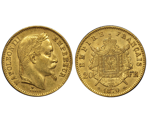 フランス　20フラン金貨　1870年BB　美品+　ナポレオン3世　有冠