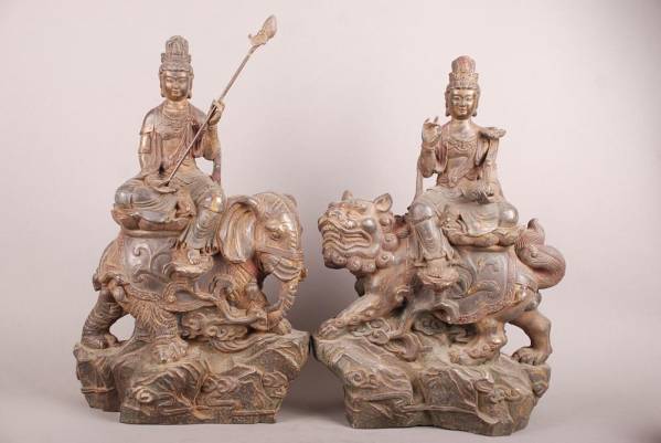 仏教美術品 銅製普賢菩薩文殊菩薩 精彫美品 年代品 H1