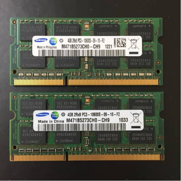 【中古】samsung SO-DIMMメモリ4GB×2枚組PC3-10600 DDR3-1333_1
