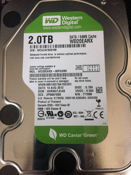 HDD 2TB WD20EARX-00PASB0 3.5インチ 使用時間★80時間