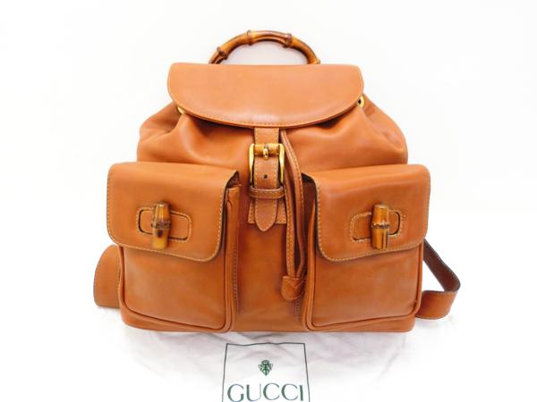 ◆Y6265 グッチ バンブー レザー 茶×金 リュック バッグ ！！