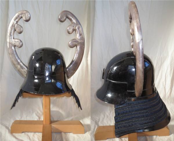 黒漆塗越中頭形兜　銀箔押波頭脇立　紺糸毛引威　古美術