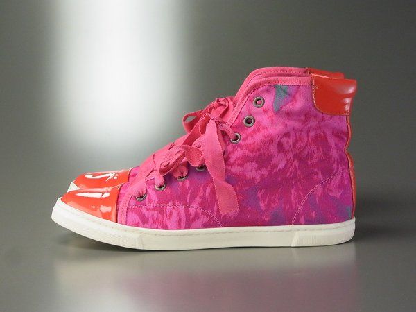 P889*ランバンLANVIN*カモフラージュ柄/キャンバス×エナメルレザー/ハイカットスニーカー/シューズ/靴/ピンク×レッド/38/24.5cm相当