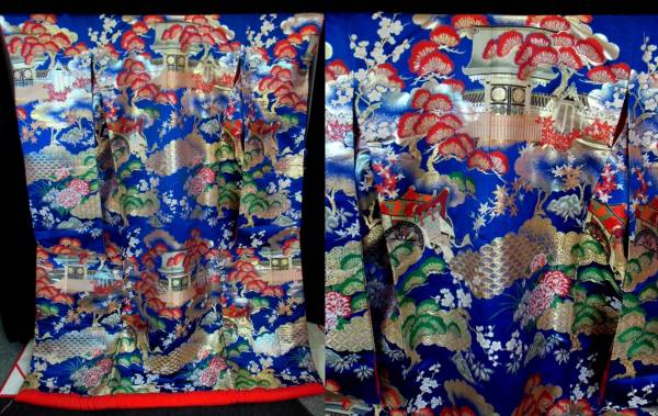 打掛★正絹織生地★ブルー地　赤と緑の松に門の柄　小紋柄の雲取に御所車 【少々難有】