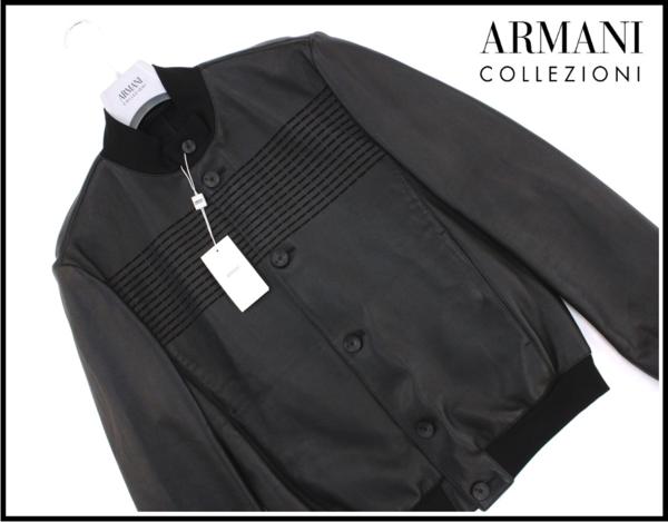 45万新品◆52=L◆ARMANI アルマーニ 黒ラムレザーブルゾン