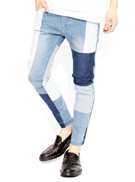 【新品】 M ブルー スキニーパンツ メンズ デニム ストレッチ ダメージ アンクルパンツ カットオフ パッチワーク