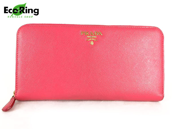 1円 プラダ サフィアーノ レザー ラウンドファスナー 長財布 ピンク AJ594