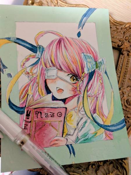 ☆創作手描きイラスト☆ オリジナル女の子 ピンク髪 眼帯 少女 読書