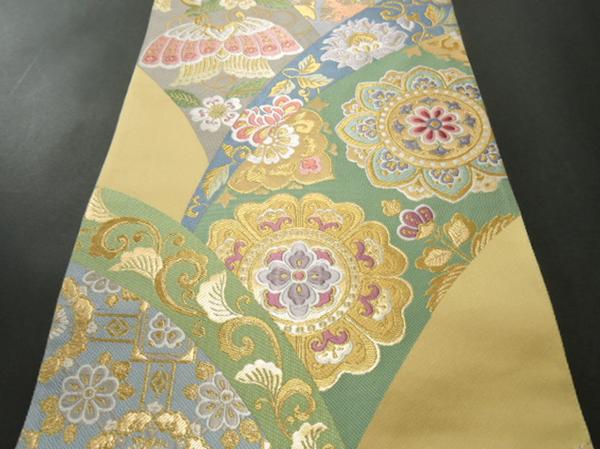 ★着物10★ 1円 逸品!! 正絹 青海花華文 袋帯 長さ448cm ☆☆☆☆☆