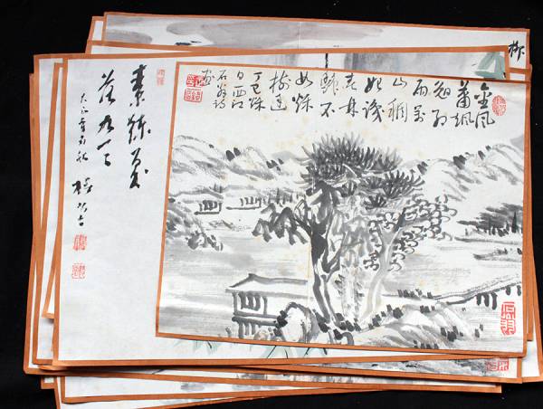 ★山水南画 肉筆めくり 十五枚一括／文人画 中国