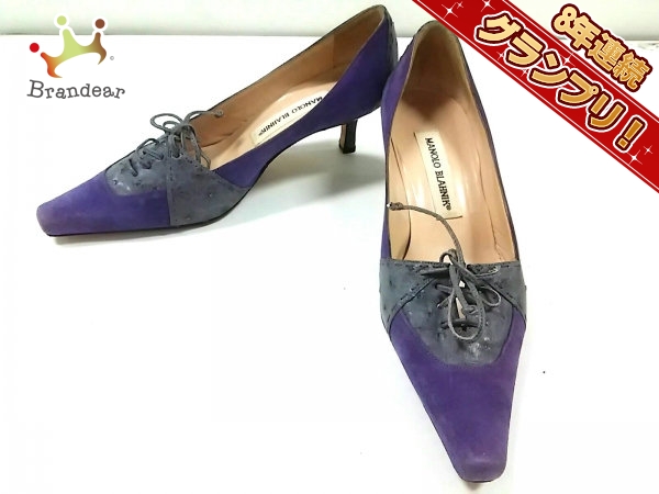 マノロブラニク MANOLO BLAHNIK 靴 パンプス 36 オーストリッチ×スエード グレー×パープル レディース