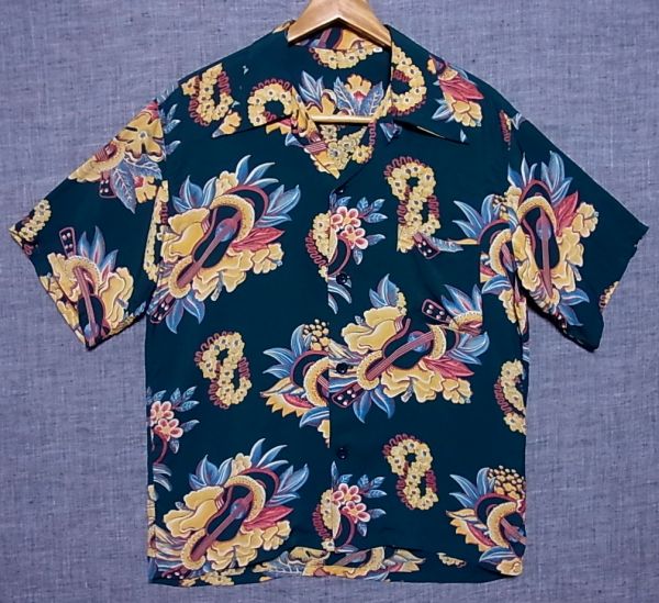 【送料160円】40s50s復刻 名作メニュー柄 レーヨンアロハシャツ マッキントッシュウクレレ / Ｍ / サンサーフ フラットヘッド好きにも