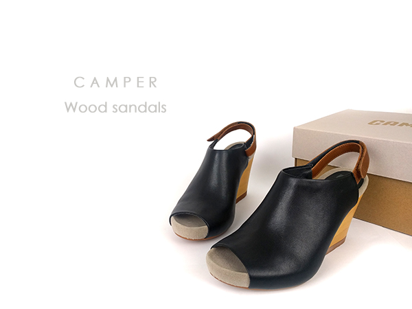 未使用 美品 CAMPER カンペール ウッド レザー 本皮 サンダル 38 黒 靴 スエード レディース 箱有り 保証書有 札幌 ν