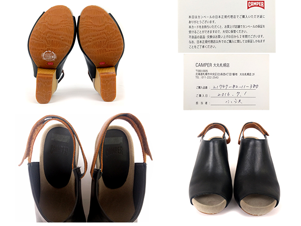未使用 美品 CAMPER カンペール ウッド レザー 本皮 サンダル 38 黒 靴 スエード レディース 箱有り 保証書有 札幌 ν