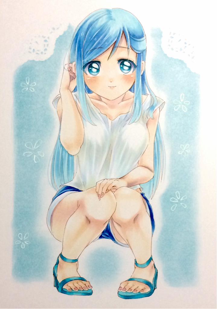 オリジナル手描きイラスト◇水色髪の女の子(手描きイラスト)｜売買され