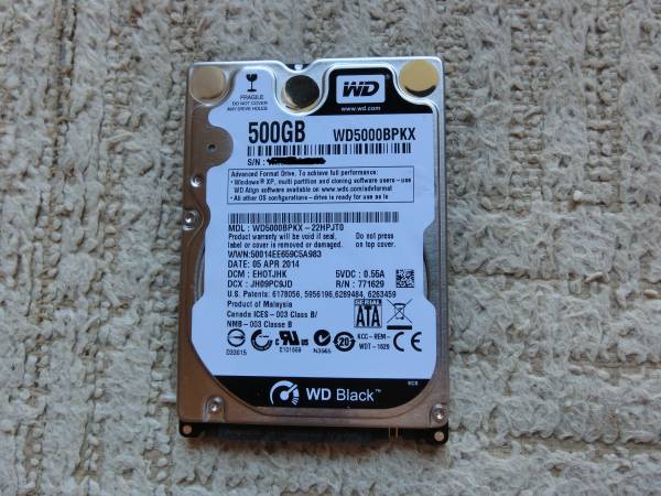 美品、WD5000BPKX，使用 9H， 500GB， 2.5インチ，Serial ATA600