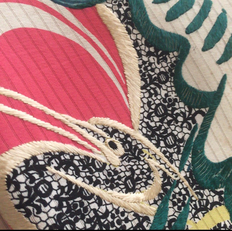鷺と芦水辺の風景刺繍名古屋帯 手刺繍の白鷺とレース模様
