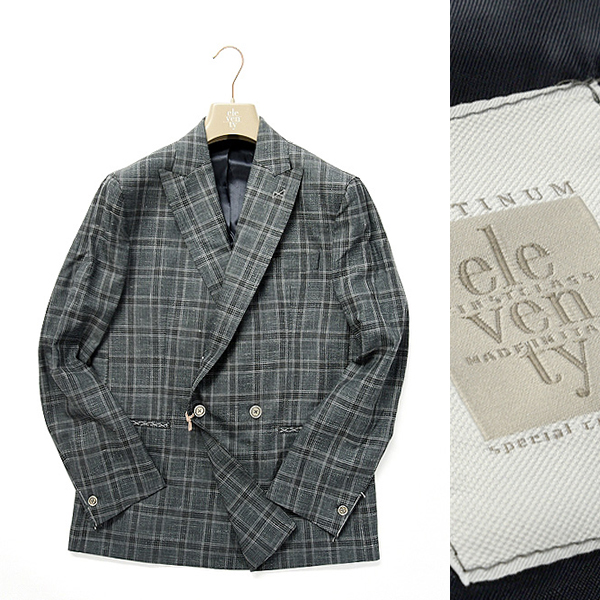 新品 7万 eleventy PLATINUM テーラードジャケット ダブル チェック ウール リネン MADE IN ITALY【50】イレブンティ 273836