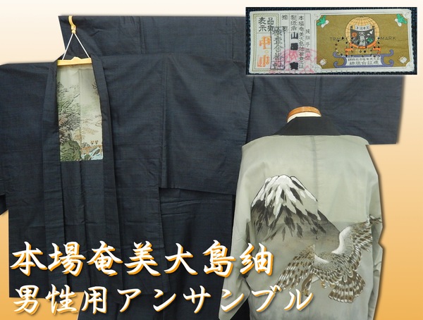 証紙付 本場奄美大島紬 男物アンサンブルリメイク素材・生地 本場 
