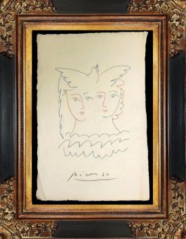★パブロ・ピカソ 希少作品 肉筆画 「平和の顔」 鳩 絵画 ドローイング(パステル) 34.8cm×21.7cm