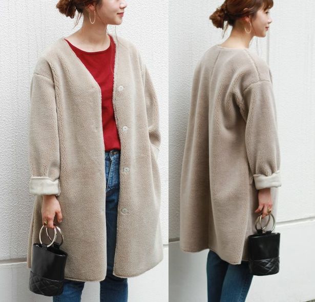 完売★ 新作♪フェイクムートン Vネックコート JOURNAL STANDARD relume ベージュ ジャーナルスタンダード レリューム