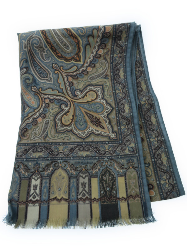 中古 エトロ ウール混スカーフ レディース シルク ウール カーキ