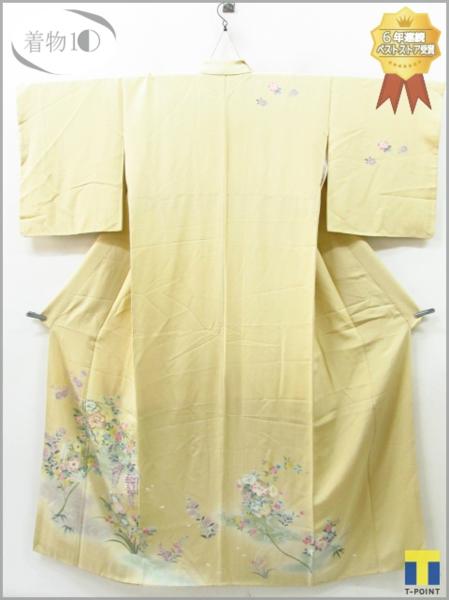 着物10 絹 友禅染 金駒刺繍 菊 桜 藤 流水 笹竹 菖蒲 桔梗 撫子 袷 訪問着 身丈166cm 裄67.5cm ☆☆☆☆