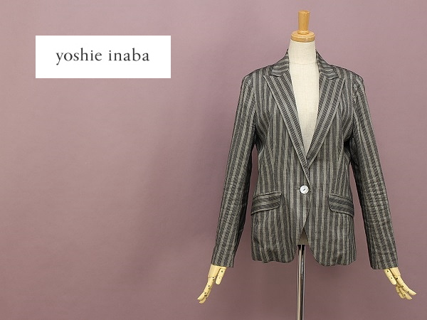 ◎yoshie inaba/ヨシエイナバ 裏地 シルク リネン混 ストライプ柄 