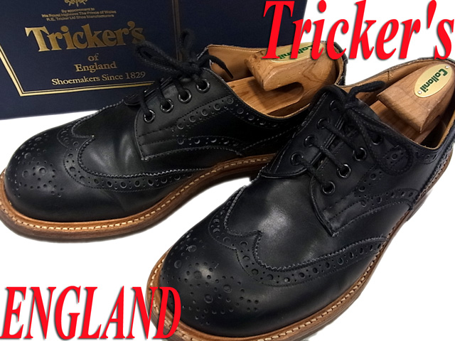 ○良品○トリッカーズ Tricker's ウィングチップ レザーシューズ 革靴 ダービー ブローグ ブラック 黒色 メンズ M5633 イギリス製